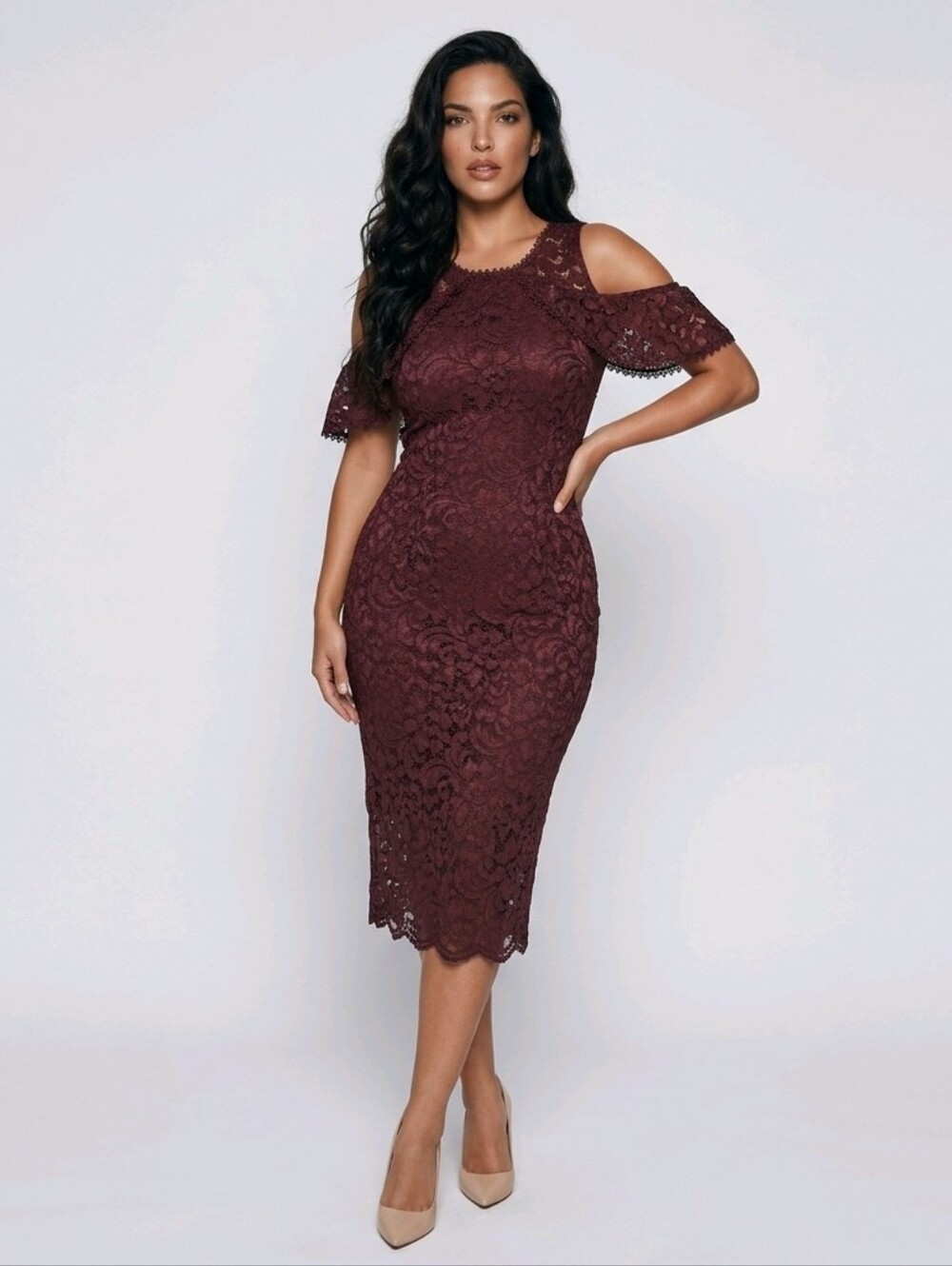 WHBM White House Black Market Sheath Dress Womens 0 Lace Burgundy Cold Shoulder